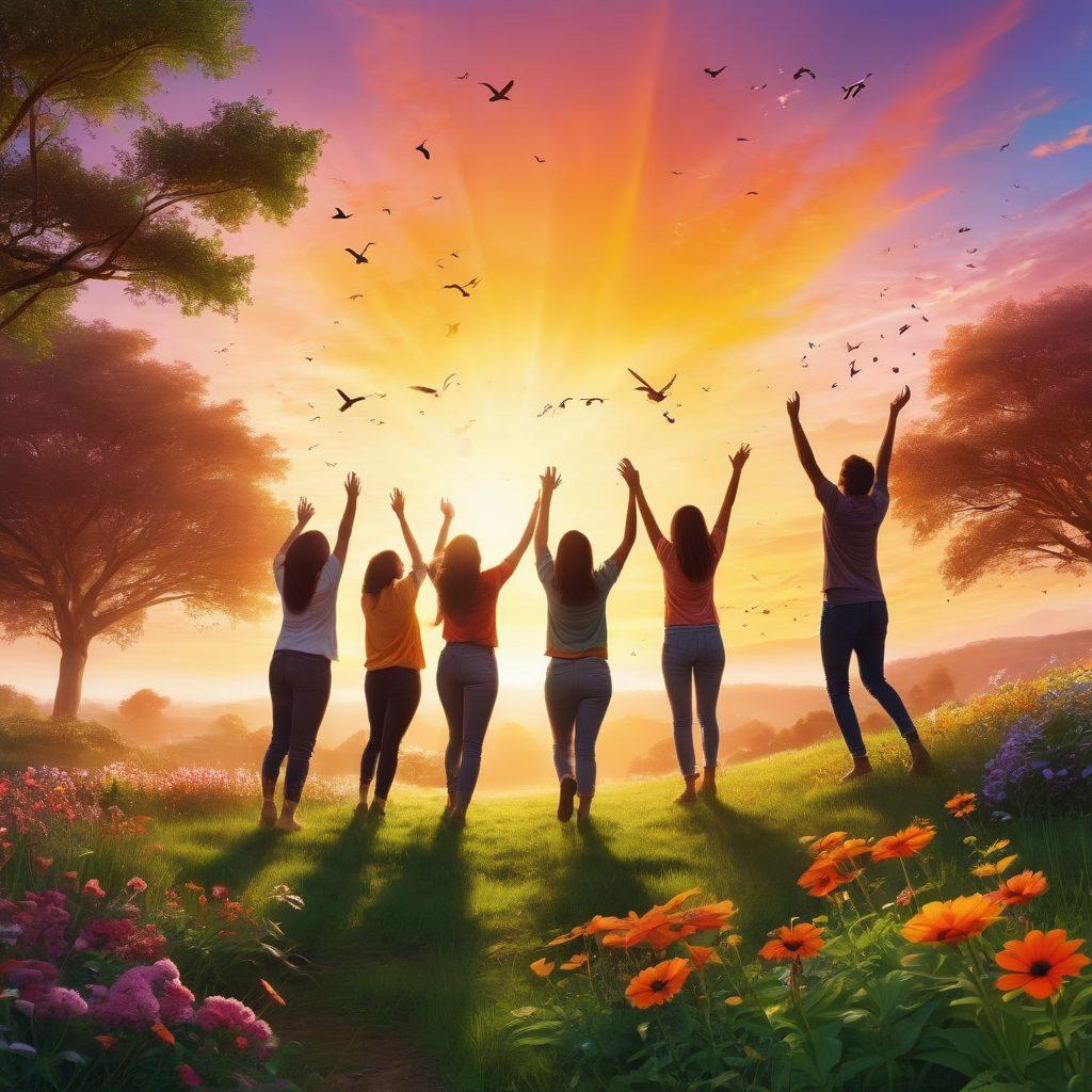 A radiant sunrise breaking over a lush green landscape, symbolizing joy and new beginnings. In the foreground, a diverse group of people laughing and embracing, radiating positivity and cheerfulness. Bright, vibrant colors to evoke a sense of happiness and warmth. Include elements like flowers blooming and birds soaring in the sky, creating an atmosphere of bliss. super-realistic. vibrant colors.