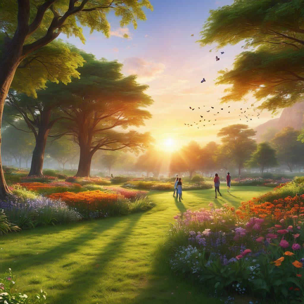 A serene landscape with a vibrant sunrise, symbolizing new beginnings. Include a diverse group of people joyfully engaging in activities like laughter, dancing, and sharing stories in a lush green park. Add elements of nature, such as blooming flowers and butterflies, to emphasize happiness and positivity. super-realistic. vibrant colors. sunny atmosphere.