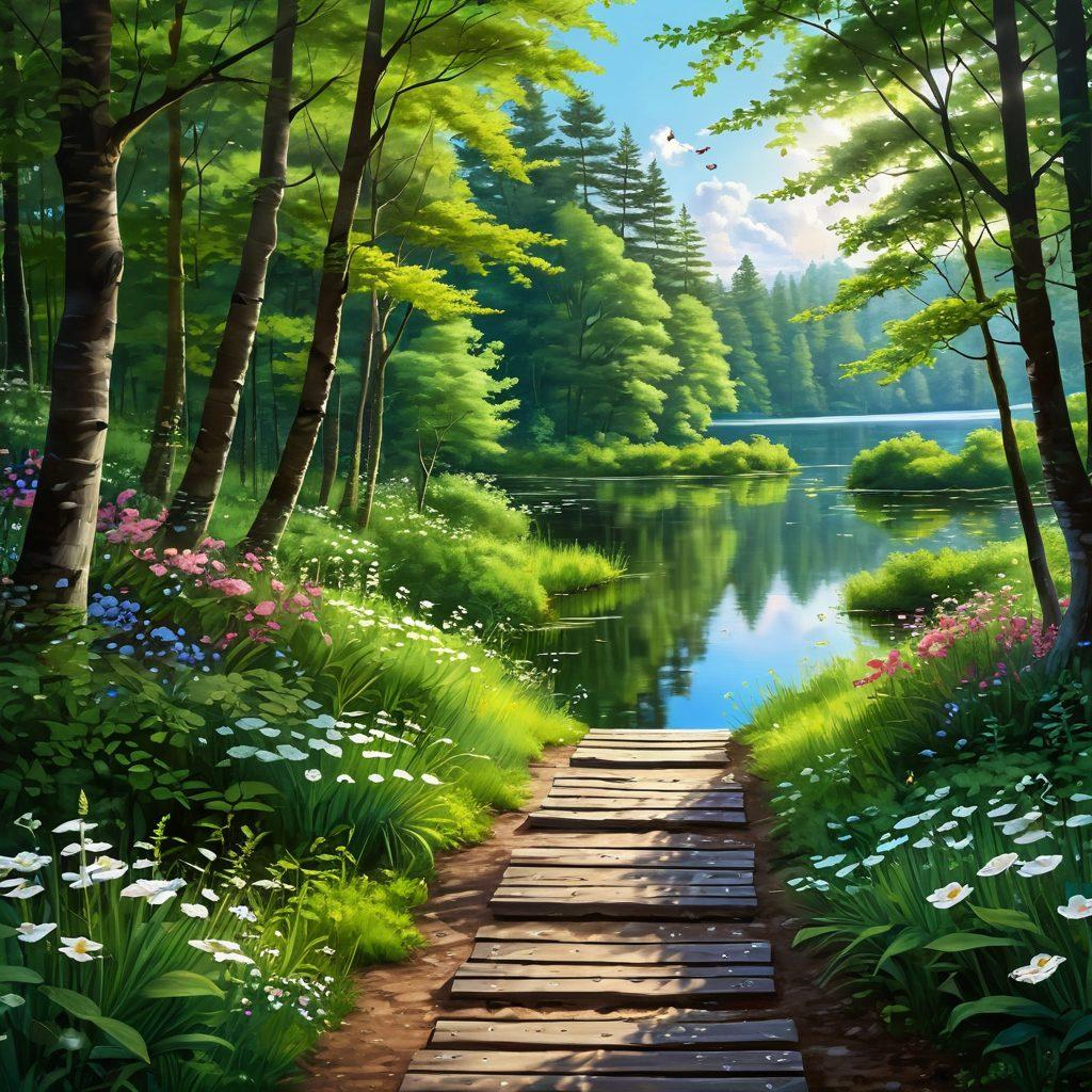 A tranquil landscape depicting a winding path through a lush green forest, dotted with blossoming flowers and sunlight filtering through the leaves, leading to a serene lake reflecting the sky. Along the path, subtle symbols representing happiness and contentment, like butterflies and smiling faces, are integrated into the scene. The atmosphere is calm, inviting, and uplifting, evoking a sense of joy and tranquility. vibrant colors. painting.